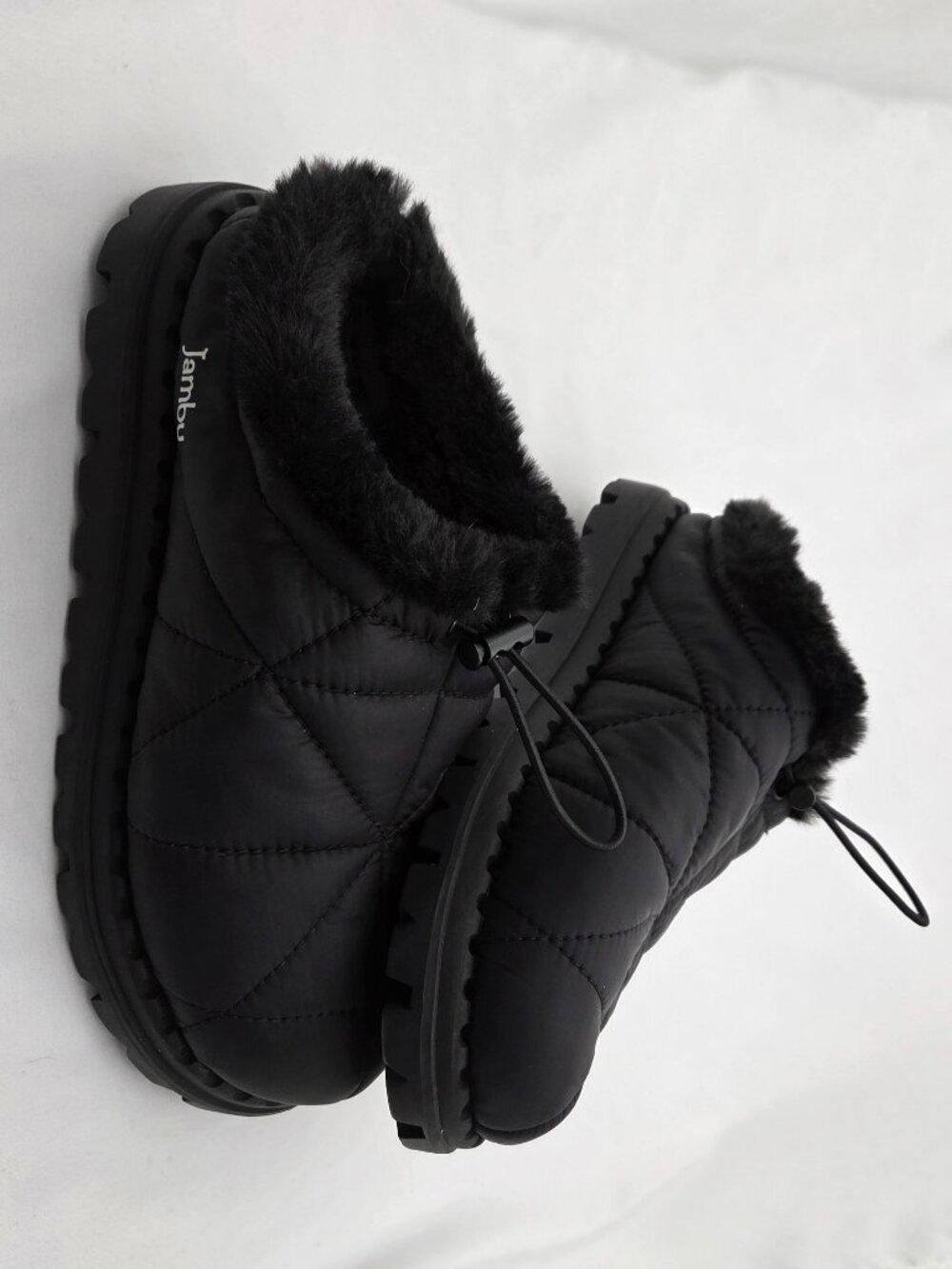 Jambu Slush Water Resistant Quilted Slipper Mules Black Faux Fur Bungee 8